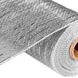 10” Silver Deco Poly Mesh with Thin Foil Strip, Metallic Mesh, RE130126, Deco Mesh, Mesh for Christmas Wreath, Valentine&#39;s Day, Elegant