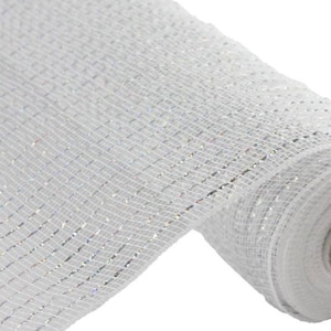 10” White Deco Poly Mesh with Silver Foil Stripe, Metallic Mesh, RE136641, Deco Mesh, Mesh for Christmas Wreath, Valentine&#39;s Day
