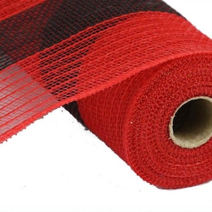21” Red Black Striped Jute Poly Mesh, RY9300E6, Mesh for Ladybug Wreath, Christmas Wreath Mesh, Long Patriotic Mesh, Poof, Lumberjack Mesh