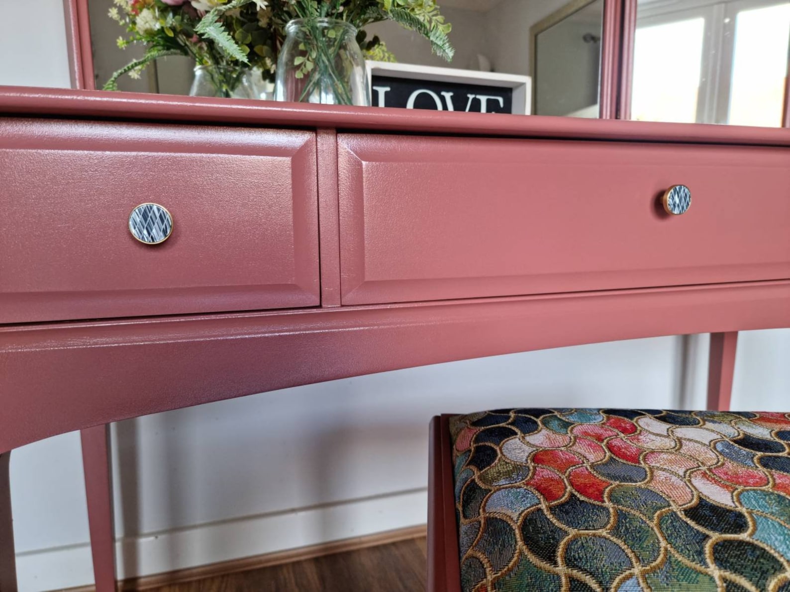 Stag Dressing Table With Stool and Triple Folded Mirror, Pink Vanity