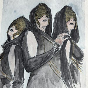 May include: A watercolor painting depicting three figures wearing black hooded cloaks with gold-colored fabric covering their eyes. The figures have dark lips and are draped in black garments with thin gold lines. The artist's signature AJ 26 is visible.