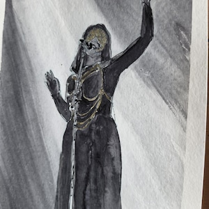 May include: A watercolor painting in black, white, and gold tones depicting a figure in a long black hooded garment with gold chain accents, singing into a microphone with one arm raised. The artist's signature AJ 26 is in the bottom corner.