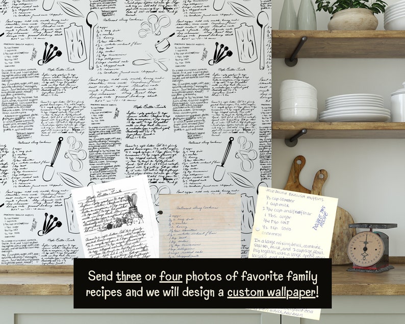 Benutzerdefinierte Tapetenrollen Handgeschriebenes Rezept Backsplash Abnehmbarer rustikaler Küchenbauernhausdekor Personalisiertes Wand-Papier Schälen und aufkleben White