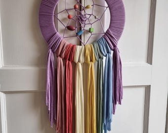 Atrapasueños grande de cuentas pastel arco iris para niños de 30 cm de diámetro.