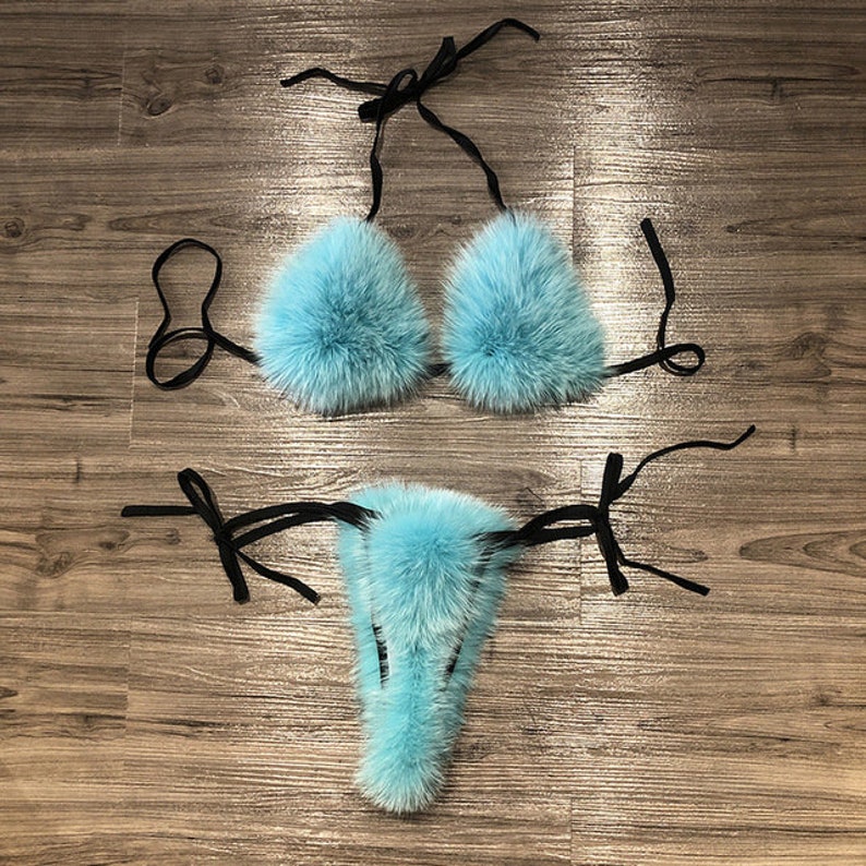 LIGHT BLUE Real Fox Fur Bikini One Size Bikini Set Etsy