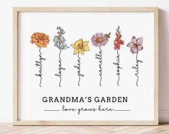 Grandma's Garden Birth Flower Personalized Gift for Grandma from Grandchildren Mothers Day Gift for Mom Custom Print Christmas Gift for Nana