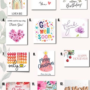 May include: Twelve different greeting card designs with various themes, including birthday, get well soon, thank you, good vibes, happy holidays, and Christmas. The cards feature colorful illustrations and text.