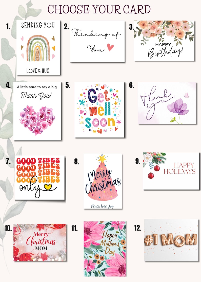 May include: Twelve different greeting card designs with various themes, including birthday, get well soon, thank you, good vibes, happy holidays, and Christmas. The cards feature colorful illustrations and text.