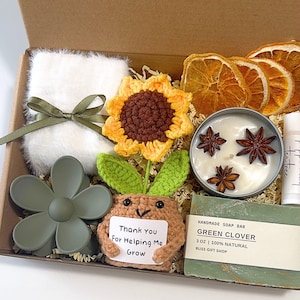 Thank You Gift Box, Thank You Basket, Thank You For Helping Me Grow,  Thank You Gift Coworker Spa Gift, Cute Crochet Sunflower Plant