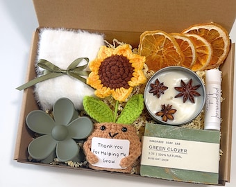 Thank You Gift Box, Thank You Basket, Thank You For Helping Me Grow,  Thank You Gift Coworker Spa Gift, Cute Crochet Sunflower Plant