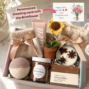 May include: A gift box containing a fuzzy pouch with a ribbon, a tube of shea butter, a peppermint lip balm, a crocheted sunflower in a pot, a crocheted pouch, a bath bomb, a jar of oats and honey bath salt, and a bar of oats and honey soap.