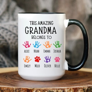 Grandma Gift For Grandma Mug with Grandkids Names Personalized Handprint Mothers Day Gift From Granddaughter Grandson Grandma Christmas Gift