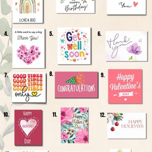 May include: A selection of greeting cards with various designs and messages. Cards include birthday wishes, thank you notes, Valentine's Day greetings, and holiday messages. The cards feature floral arrangements, rainbow designs, and festive illustrations.