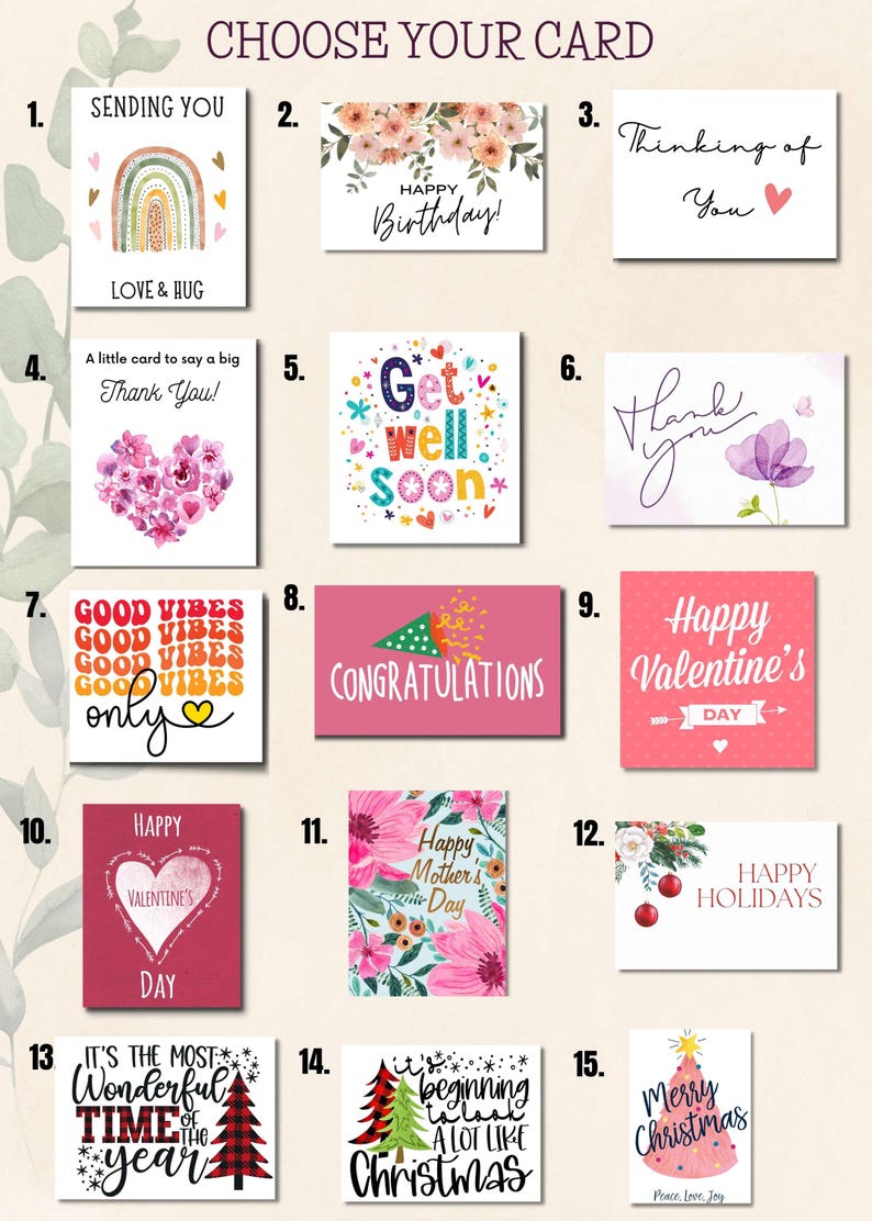 May include: A selection of greeting cards with various designs and messages. Cards include birthday wishes, thank you notes, Valentine's Day greetings, and holiday messages. The cards feature floral arrangements, rainbow designs, and festive illustrations.