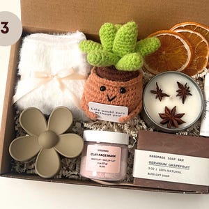 May include: A gift box filled with self-care items. Includes a white fluffy item with a bow, a crocheted cactus in a pot, a candle with star anise, a lip balm, a flower-shaped item, a jar of clay face mask, and a bar of soap.