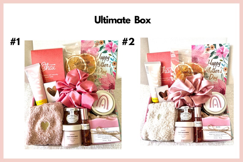 May include: Two gift boxes filled with various items, including bath products, a hair scrunchie, a small towel, and a card that says "Happy Mother's Day".