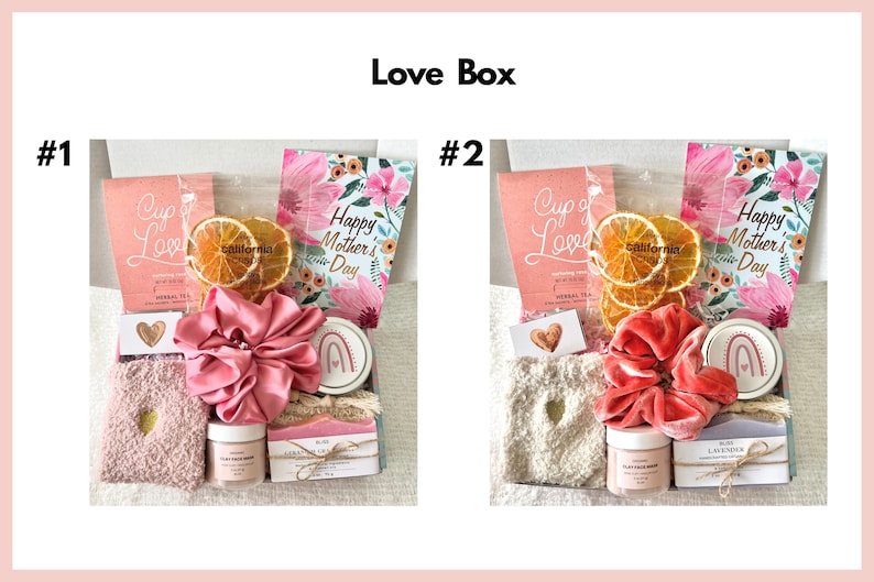 May include: Two gift boxes filled with various items, including a pink and a red hair scrunchie, a white fuzzy sock, a small jar of cream, a bar of soap, dried orange slices, and a card that says "Happy Mother's Day".