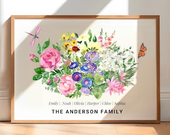 May include: A watercolor painting of a bouquet of colorful flowers with a dragonfly and butterfly. The names Emily, Noah, Olivia, Harper, Chloe, and Sophia are written below the flowers, along with the text "The Anderson Family".