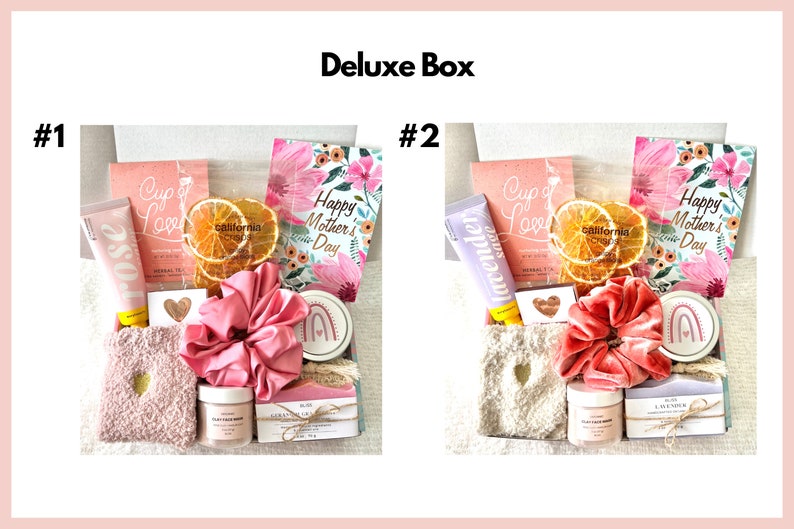 May include: Two gift boxes with a variety of items, including a pink and a lavender hand cream, a pink and a white fluffy sock, a pink and a white hair scrunchie, a pink and a white soap bar, a pink and a white card that says "Happy Mother's Day", and a pink and a white card that says "Cup of Love".
