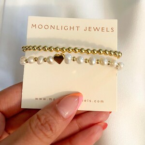 Set of Gold Beaded Bracelets | Stackable Bracelets | Heart Charm Bracelet