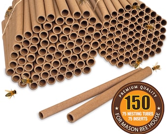 Rivajam Mason Bee Nesting Tubes | 150 Piece Pack of 75 Cardboard Tubes and 75 Paper Inserts | Natural Refill Tubes for Mason Bee House Hotel