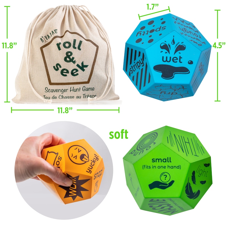 K&ouml;nnte beinhalten: Ein Set mit zwei weichen, mehrseitigen W&uuml;rfeln mit verschiedenen W&ouml;rtern und Phrasen auf jeder Seite. Die W&uuml;rfel sind 11,4 cm hoch und 4,3 cm breit. Die W&uuml;rfel sind in einem wei&szlig;en Beutel mit Kordelzug verpackt, auf dem "roll & seek" steht. Der Beutel ist 30 cm breit und 30 cm hoch.