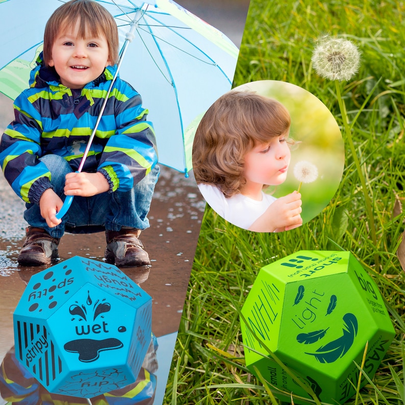 K&ouml;nnte beinhalten: Zwei gr&uuml;ne und blaue W&uuml;rfel mit verschiedenen W&ouml;rtern und Bildern auf jeder Seite. Die W&uuml;rfel sind aus Schaumstoff und f&uuml;r Kinder konzipiert. Die W&uuml;rfel befinden sich auf einer gr&uuml;nen Grasfl&auml;che und in einer blauen Pf&uuml;tze.