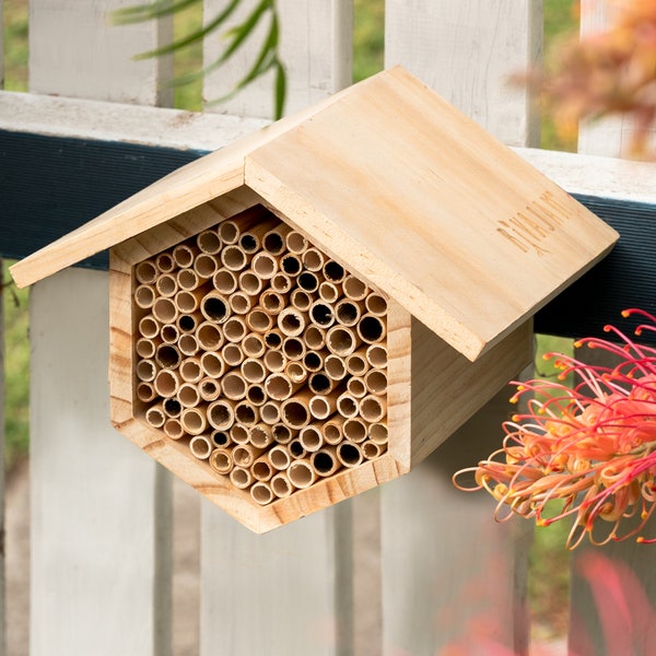 Mason Bee House Wax Coated Nesting Bee Box | Natural Reed Mason Bee Tubes filled Pollinator House | Leafcutter & Solitary Pollinating Bees