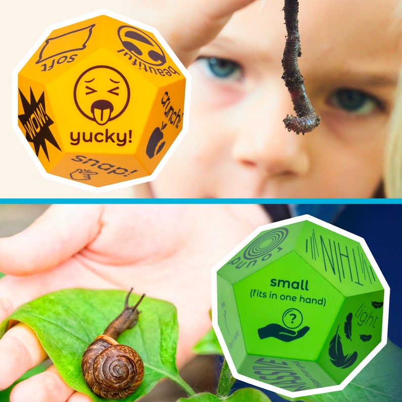 K&ouml;nnte beinhalten: Zwei gelbe und gr&uuml;ne sechsseitige W&uuml;rfel mit verschiedenen W&ouml;rtern auf jeder Seite. Der gelbe W&uuml;rfel hat W&ouml;rter wie "yucky!" und "snap!" Der gr&uuml;ne W&uuml;rfel hat W&ouml;rter wie "small (fits in one hand)" und "light".