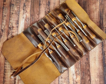 Leather Roll Up Pouch Woodworking Wrenches organizer Leather tools roll bag with 12 slots Car tools Garage Storage Gifts For Crafters