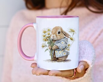Easter Bunny Mug, Cute Bunny, Pink Handle, Springtime Mug