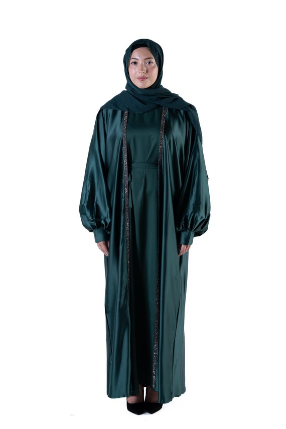 Jolienisa Forest Green Open Abaya Kimono Luxurious Premium Armani Satin with Elegant Border Trim Modest Fashion for Eid Occasions and Daily Wear