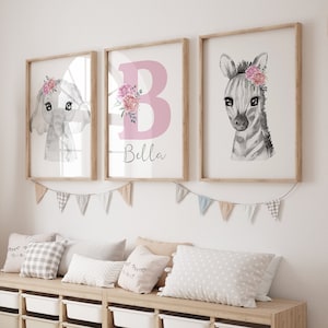 Set of Three Prints: Personalised Girls Watercolour Safari Baby Animal & Pink Flowers, Nursery, Zebra, Tiger, Giraffe, Lion, Elephant, Cute