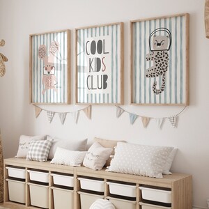 Ensemble d'impressions d'art mural Cool Kids Club (3) | Chambre d'enfant, originale, unique | Chambre de bébé, garçon, décoration de salle de jeux, chambre d'enfant, | Rayures bleues, Souris