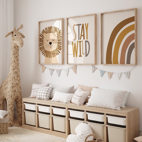 Conjunto de 3 impresiones de arte de pared de animales de la selva 'Stay Wild' para niños / Boho, Safari, animales, león, arco iris / sin marco / guardería infantil