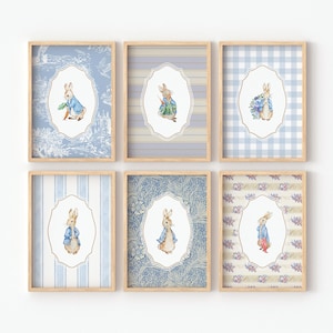 Set di stampe da parete Peter Rabbit Bunny in stile vintage (6) per neonati di Beatrix Potter, regalo per baby shower, personalizzato, acquerello, classico
