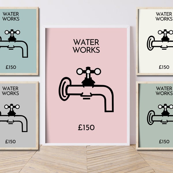 Original Monopoly 'Water Works' Wall Art Print | Vintage | Board Game | Personalised UNFRAMED home print | Gifts | Hall | Bathroom | Toilet