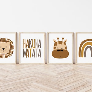 Set of 4 Jungle Animal Character Children's Wall Art Prints | Printable Download, Digital, Lion, Rainbow, Hakuna | Nursery Child Kids