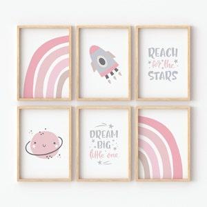 Space Theme Girl's Décor Wall Art Prints, Cute Gallery Wall Bundles, Kids Nursery & Bedroom, Babies, Dream Big, Pinks, Rainbow, Rocket, Star