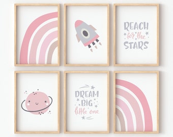 Space Theme Girl's Décor Wall Art Prints, Cute Gallery Wall Bundles, Kids Nursery & Bedroom, Babies, Dream Big, Pinks, Rainbow, Rocket, Star