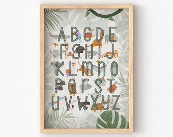 Jungle Animal Alphabet Guide Character Children's Wall Art Print | Safari Forest Leaf Theme | Unframed | Modern Nursery Baby Child Kids Room