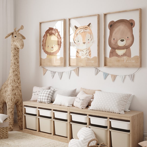 Cute Baby Animal Nursery Prints, Woodland, Safari & Jungle Themed Bedroom Baby, Toddler, Lion Tiger Bear Rabbit Hippo Giraffe,