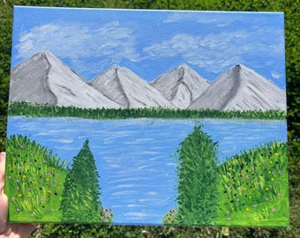 Original Acrylic Mountain Landscape Painting: Snowy Peaks, Lake View