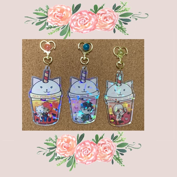 Mystic Messenger Holo Double Sided 3.5" Acrylic Heart Charm Glitter Epoxy Keychain | Cute Zen 707 Luciel Choi Jumin Han Holographic Gold