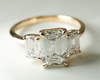 Lab Grown Diamond Engagement Ring, Trilogy Style Ring, 6.86 CTW Prong Setting Emerald Cut Colorless Three Stone Ring