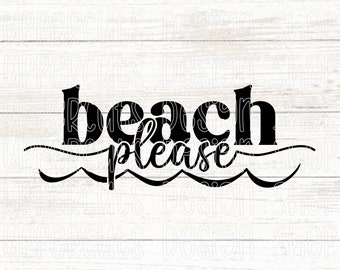 Może przedstawiać: Czarno-biały projekt graficzny z tekstem "beach please" w stylizowanym kroju pisma. Tekst umieszczono na falistej linii, sugerującej wodę.