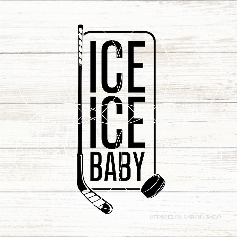 May include: Black and white graphic design with the text "ICE ICE BABY" and a hockey stick and puck.