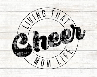 May include: Black and white graphic design with a circle and the text "Living That Cheer Mom Life".