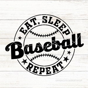 May include: Black and white graphic design of a baseball with the text "Eat, Sleep, Baseball, Repeat" around it.