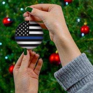 Thin Blue Line Christmas Ornament - Police Ornament - Police Lives Gift Ornament - Gift for Police Cop NYPD USA Gift Round Ceramic Ornament